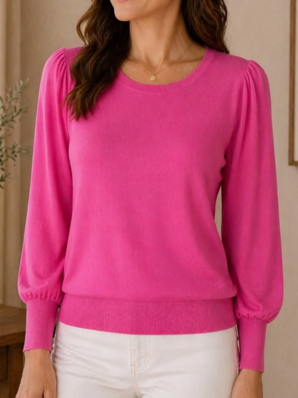 LOFT Bright Pink Puff Sleeve Lightweight Crewneck Sweater‎ S